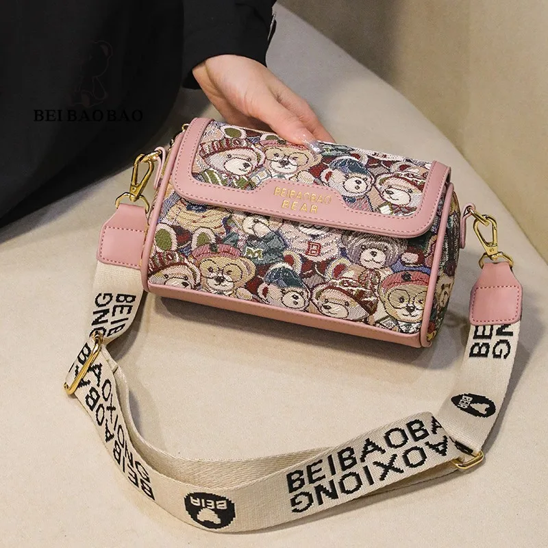 

BeiBaoBao women's bag Bear pattern lady shoulder bag female crossbody bag exquisite fashion cylindrical women messenger bag 2025