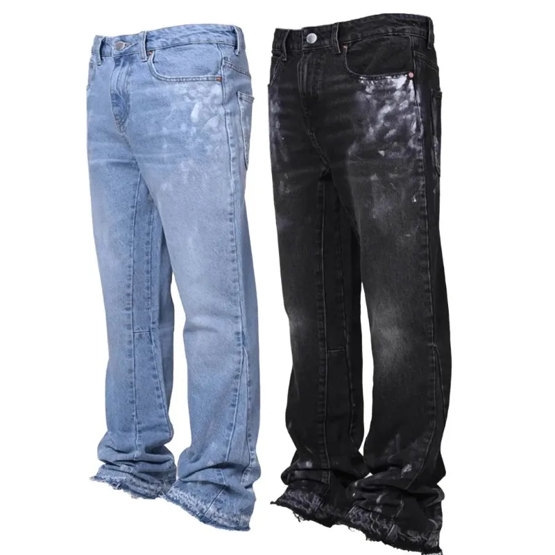 Jeans Men Vintage Straight Pants Mid Waist Stretch Distressed Washed Pockets Button Basics Trousers 2025 Streetwear Denims