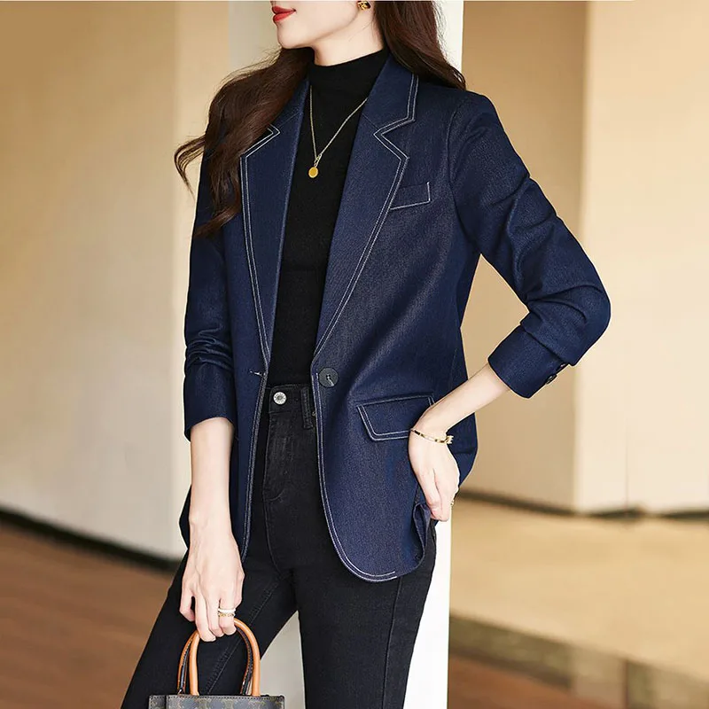 كبار تحسس الرجعية الدنيم البدلة سترة الإناث الخريف الشتاء جديد رداء غير رسمية قمة الموضة النسائية مكتب الملابس المهنية السترة