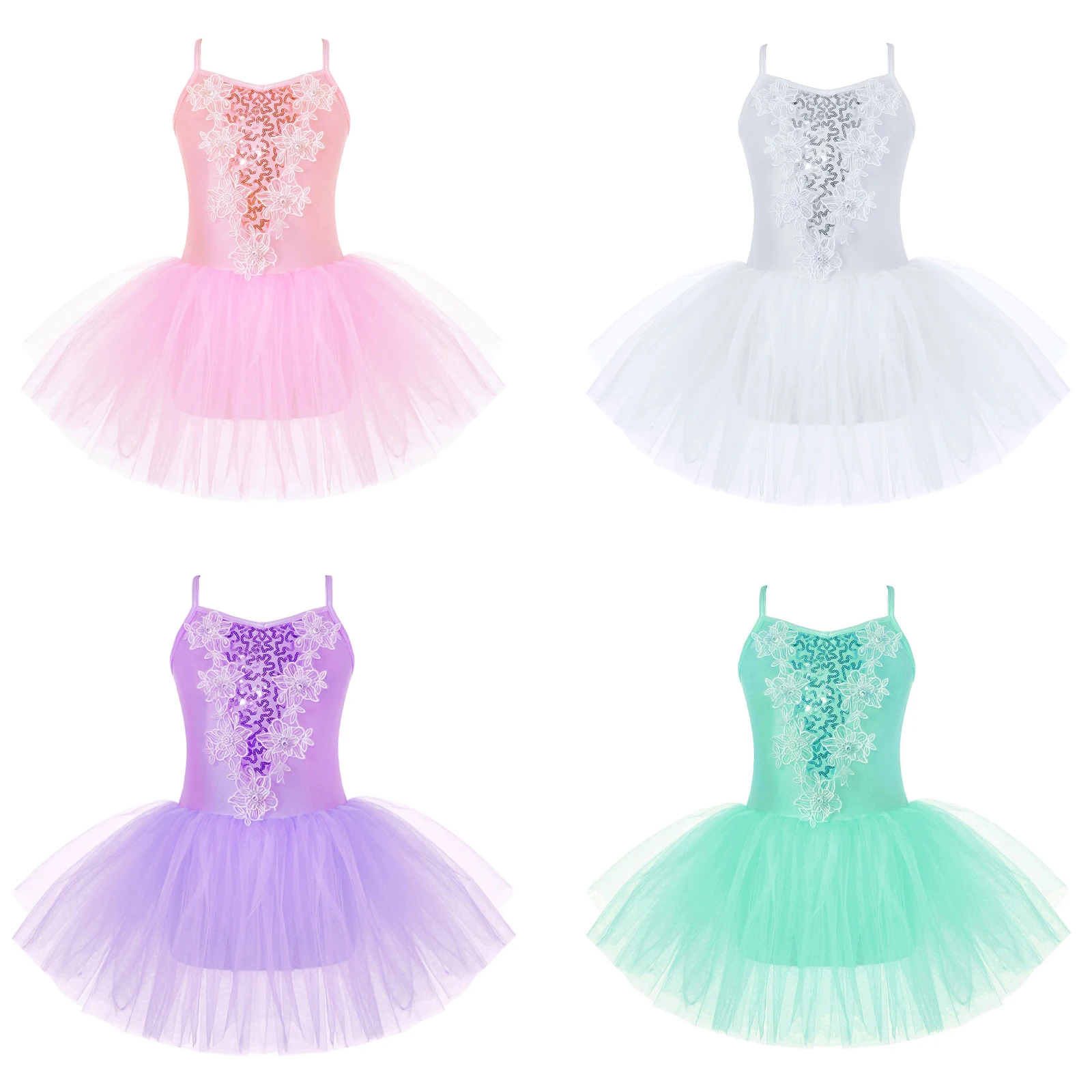 

Ballet Tutu Mesh Dance Dress Kids Girls Shiny Sequins Sleeveless Rhinestone Floral Gymanstics Leotard Dress Performance Costume