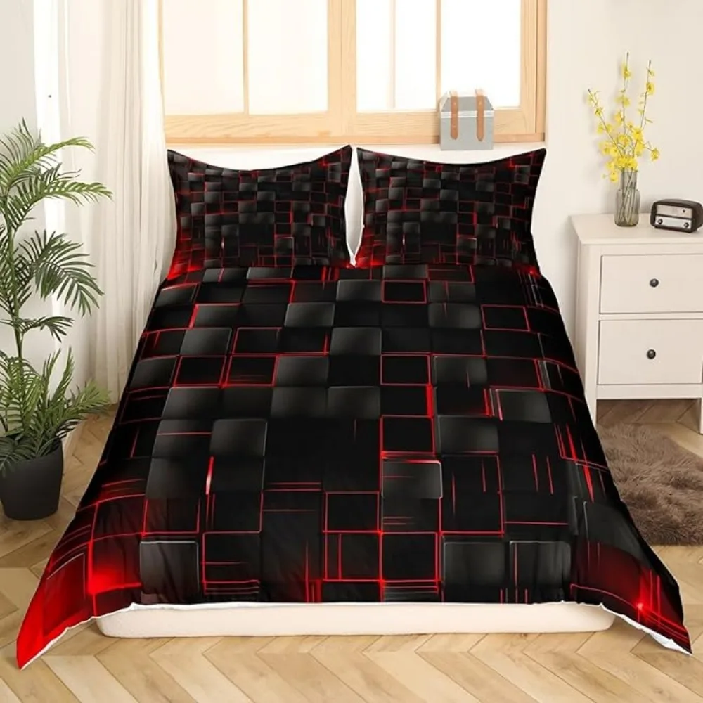 

Geometric Grid Red and Black Duvet Cover Set Checkered Bedding Cover Modern Abstract Check Plaid Square Bed Sets for All Season