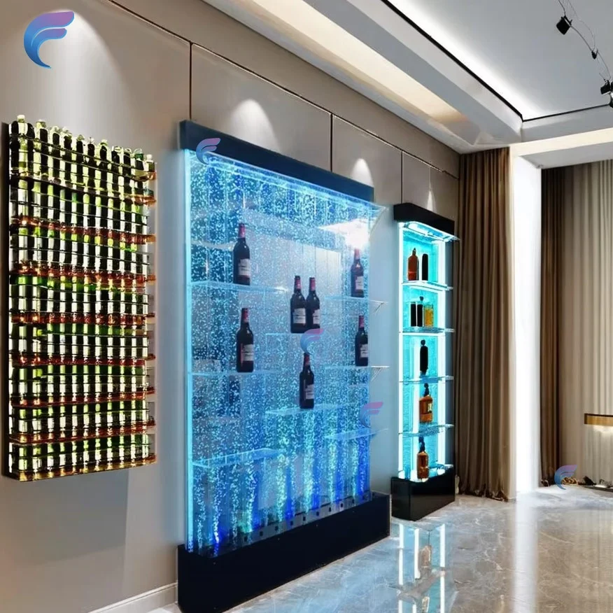 การปรับแต่งตู้แสดงผนังฟอง LED โมเดิร์นพร้อมชั้นวางไวน์ประตูกระจกสำหรับตกแต่งบาร์บ้าน