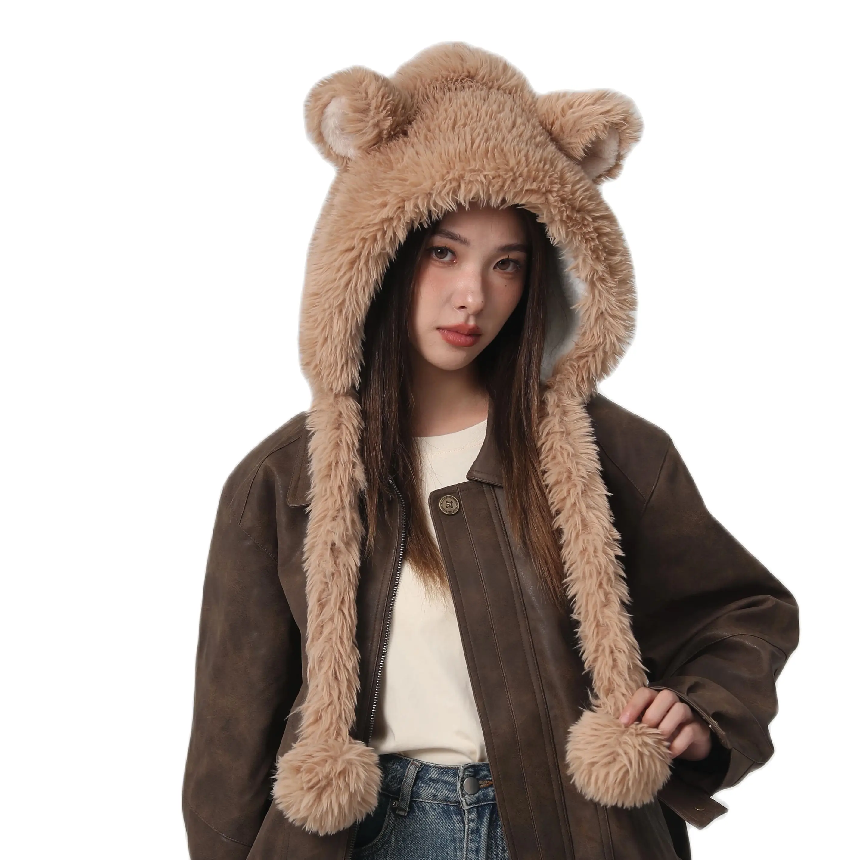 2024 new Ear caps Funny Fashion Autumn Winter Leopard Fur bomber Ball Plush Big ear hats Hat Soft Warm Thick Basin Bucket Hats