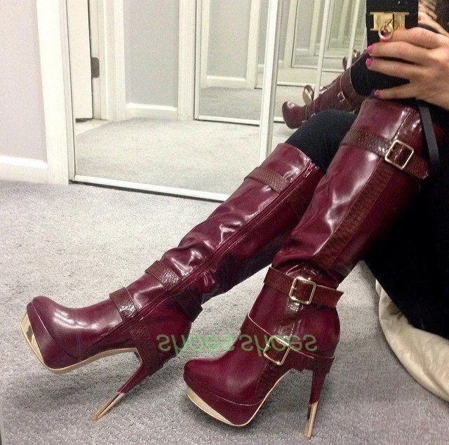 

Lady Zipper Patent Style Knee Boots Platform Buckle Strap Stiletto Heel Footwear Runway Pu New Arrive Retro Red Vintage Boots