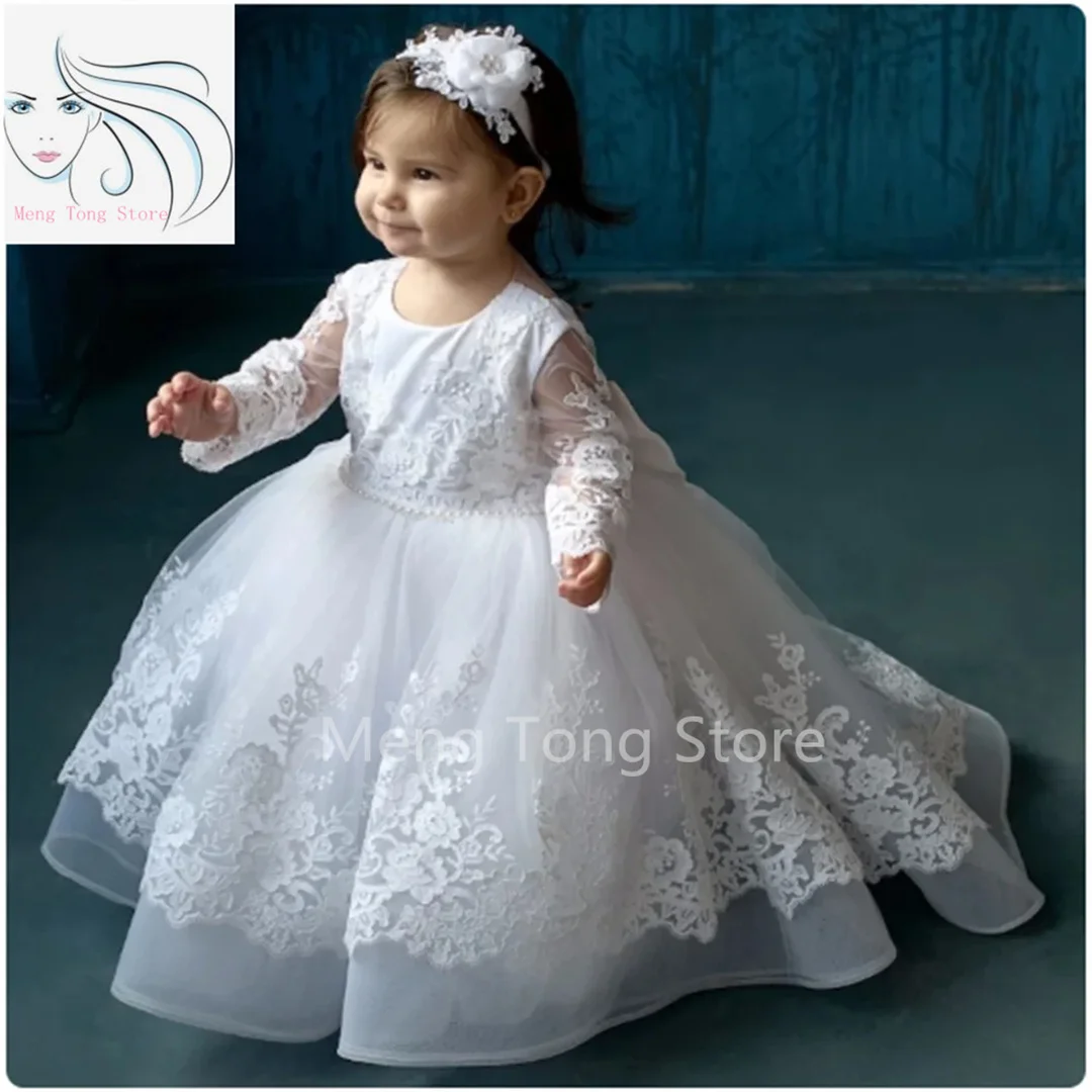 Baptism White Flower Girl Dresses Tulle Appliques With Bow Long Sleeve For Wedding Birthday Holy Communion Gowns