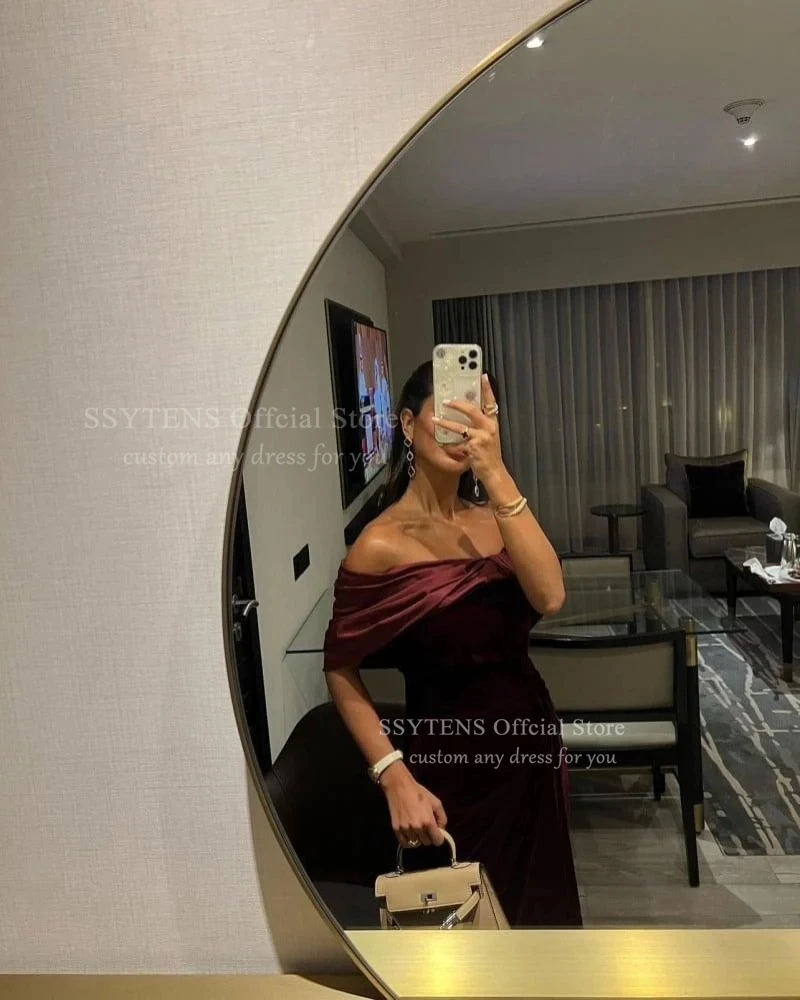 SSYTENS 高級ベロアイブニングドレス女性ボートネックフォーマルな機会シャーリングサイドスリットウェディングパーティーロングウエディングドレスカスタマイズ