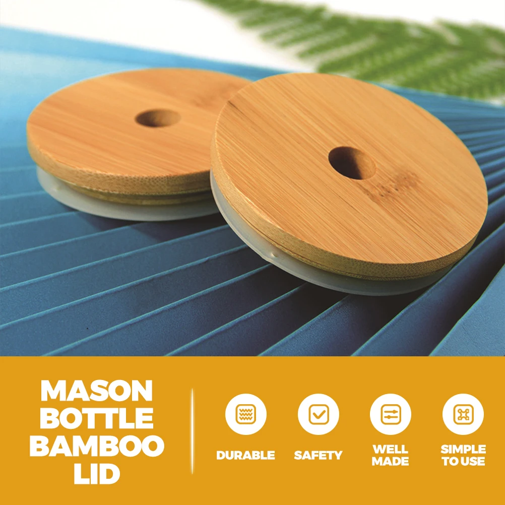 

8 шт. бамбуковая крышка, банки с широким горлышком, консервирование, изготовленные, гладкие, подходят для соломинки, силиконовое кольцо, легко чистится, гигиеническое, длительное использование