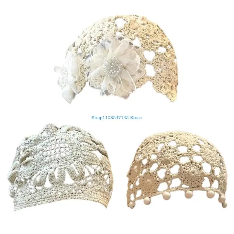 P88B اليدوية الكروشيه بيني قبعة جوفاء زهرة الجمجمة قبعة المراهقين فتاة قبعة صوفية