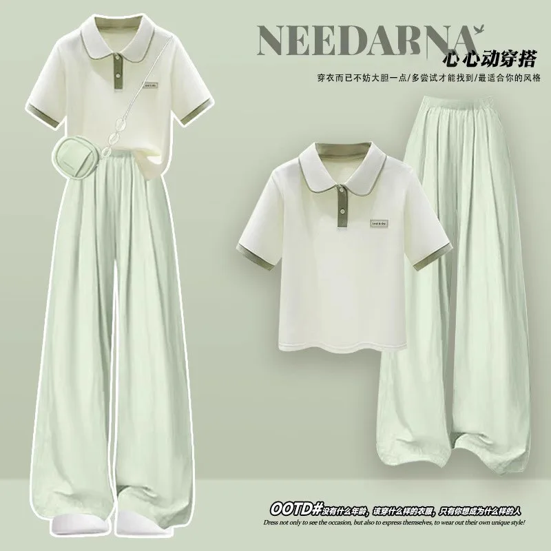 

2026 Summer Set Women's College Style Polo Collar Short Sleeve T-shirt Casual Pants Two Piece Set