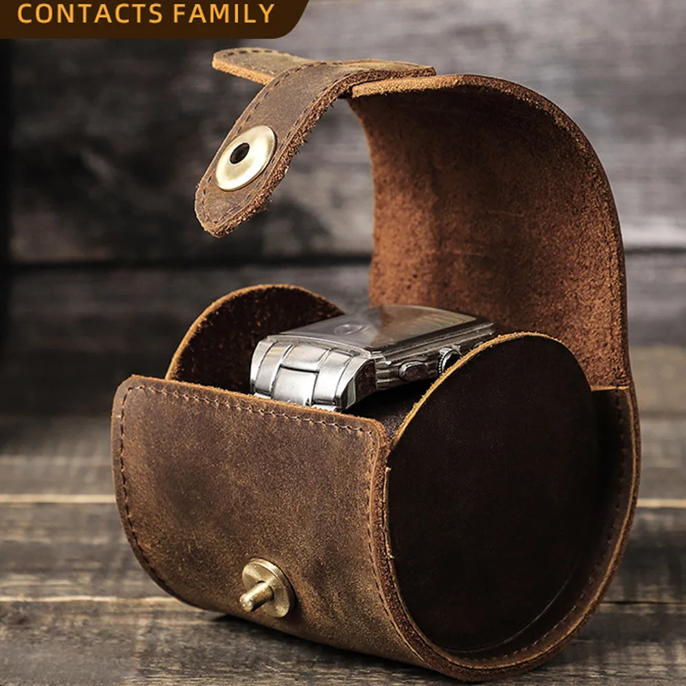 Exquisite Handmade Retro Genuine Leather Flip Cover Circular 1-Slot Mobile Phone Storage Travel Portable Watch Box Custom Logo