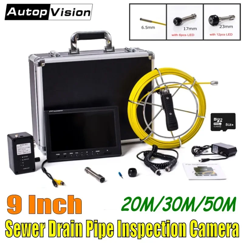 

DHL Free 20-50M Fiberglass Cable Sewer Pipe Inspection Camera System with 9 Inch Monitor 6.5mm/17mm/23mm Pipeline Endoscope WP90