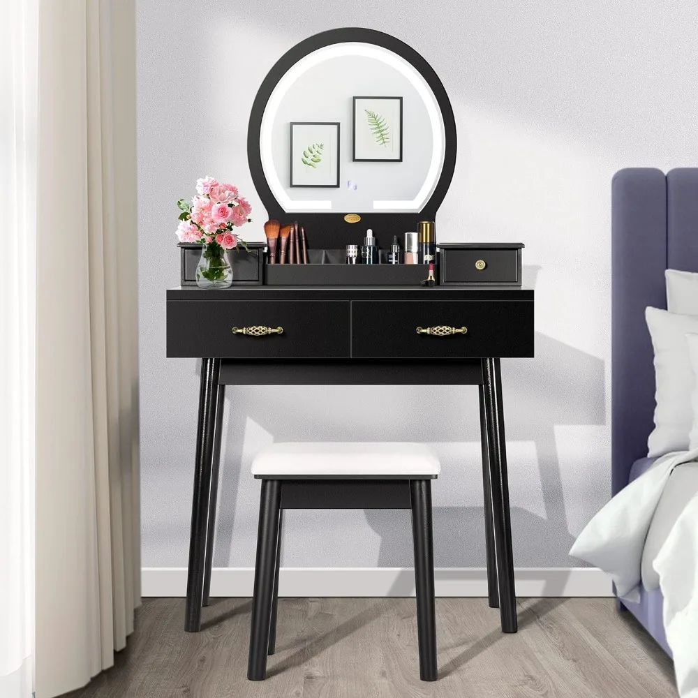 

Vanity Set with 3-Color Dimmable Lighted Mirror, Makeup Dressing Table with Drawers, Padded Stool, Black