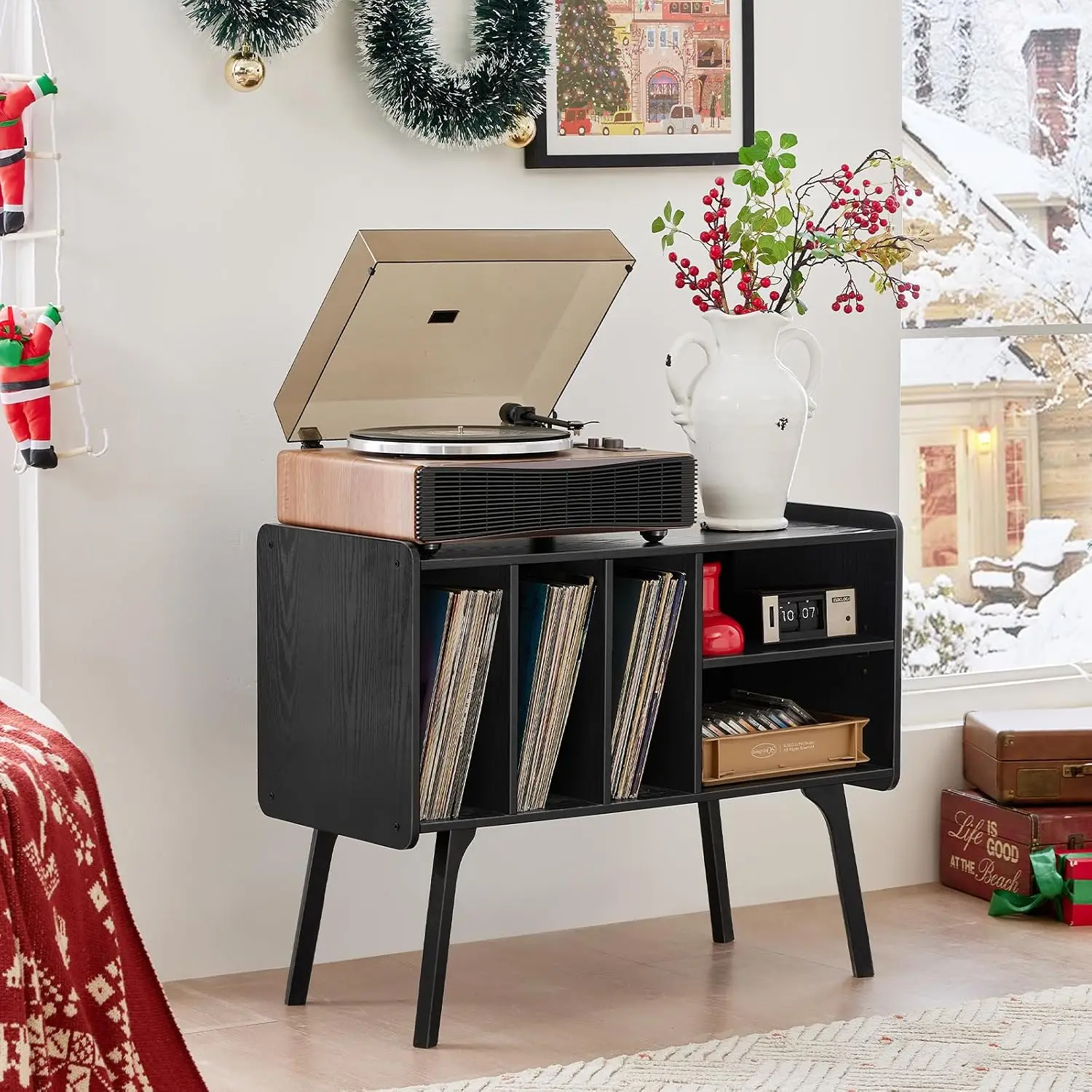 Record Player Stand with 4 Cabinet Holds Up to 220 Albums, Large Black Turntable Stand with Beech Wood Legs, Mid-Century Record