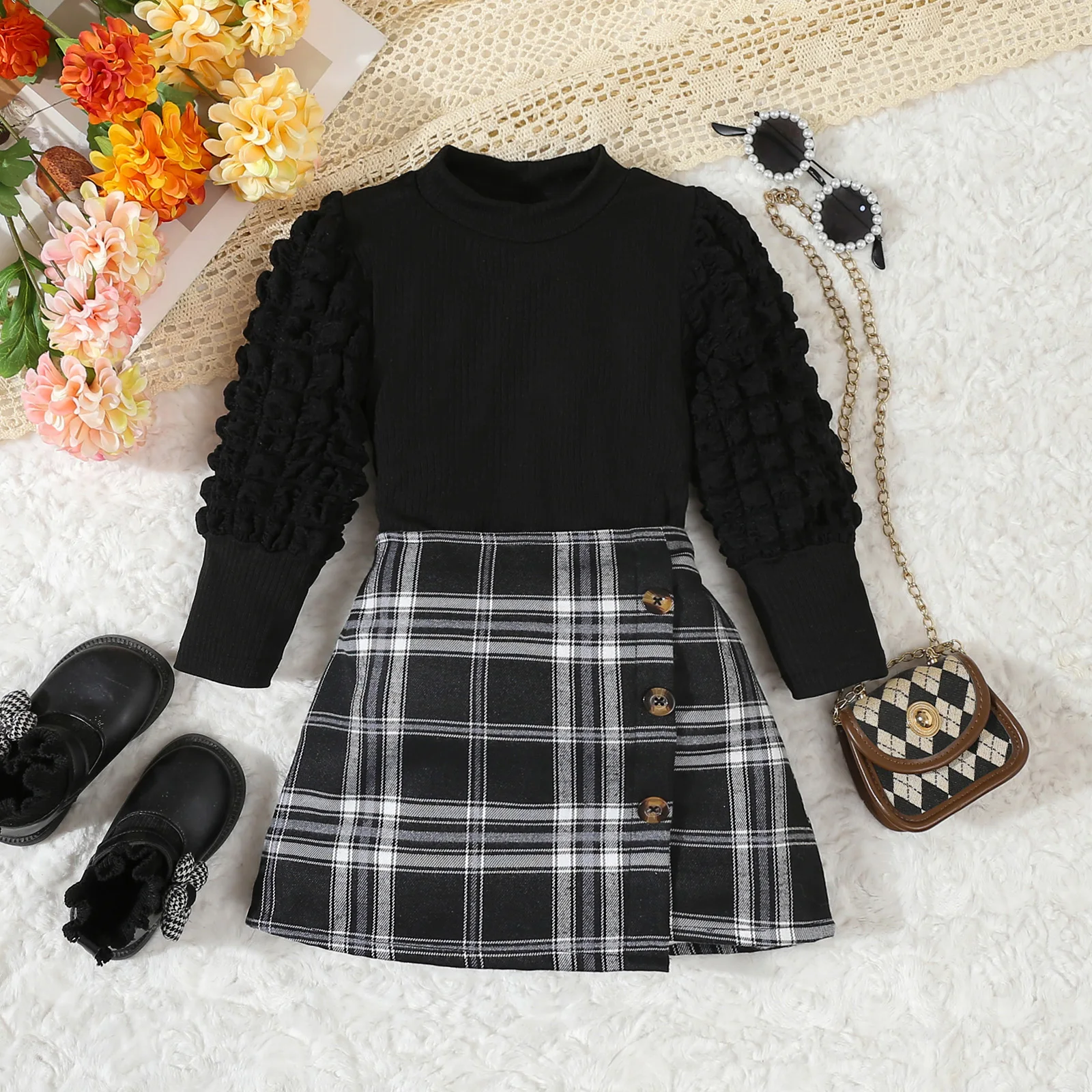 

Girls Casual Black Top And Plaid Skirt Two-Piece Set Children's Clothing Outfit for Girls