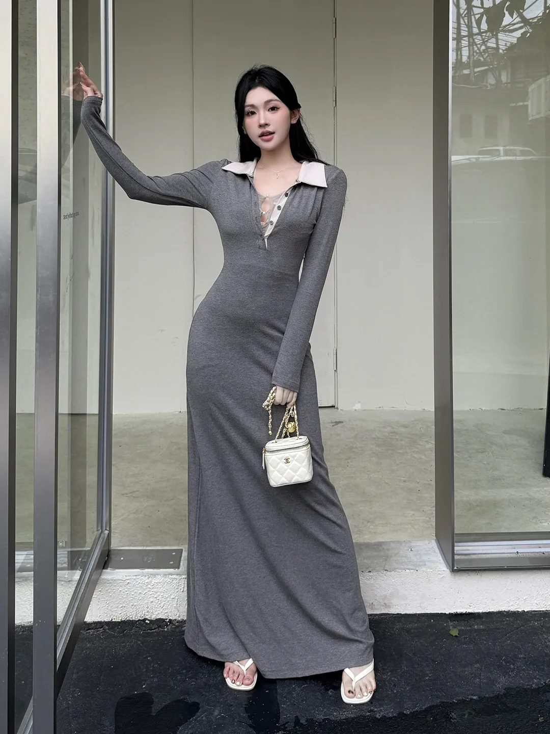 Women's Autumn Casual Long-sleeve T-shirt Midi Dress Gray Fake Two-piece Polo-collar Long-dreses Korean Simple Trendy Apparel