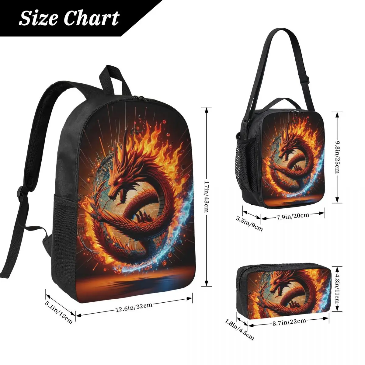 Dragon Portrait Backpack Student BookBag School Bag Shoulder Bags 3ps Insulated Lunch Bag Pencil Case