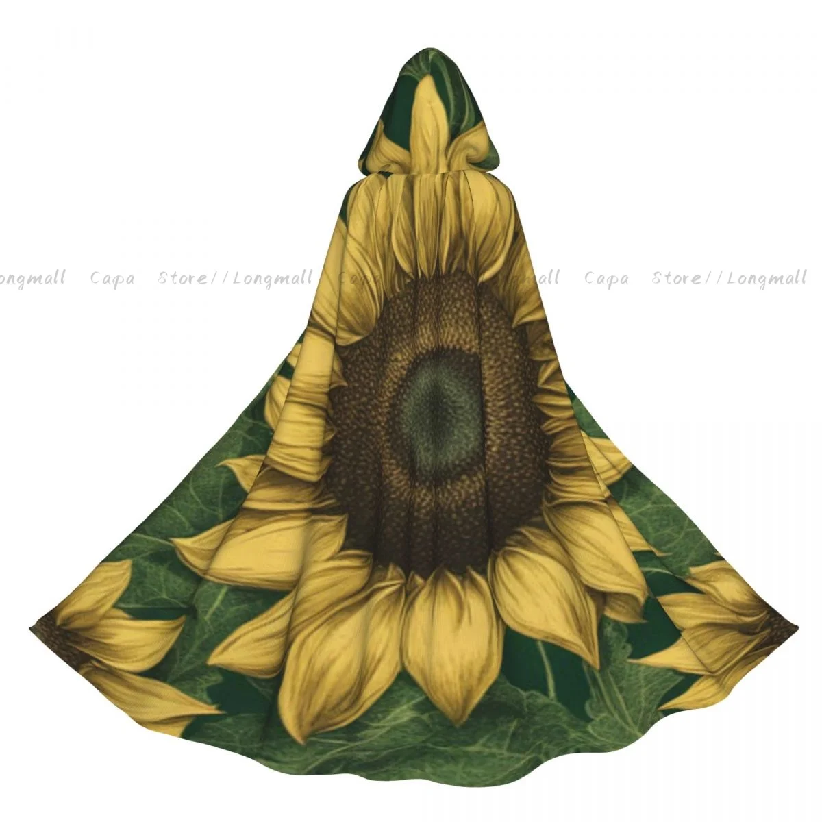 Adult Halloween Retro Sunflowers Background Cloak Cape Hooded Medieval Costume Full Length Dress Coat