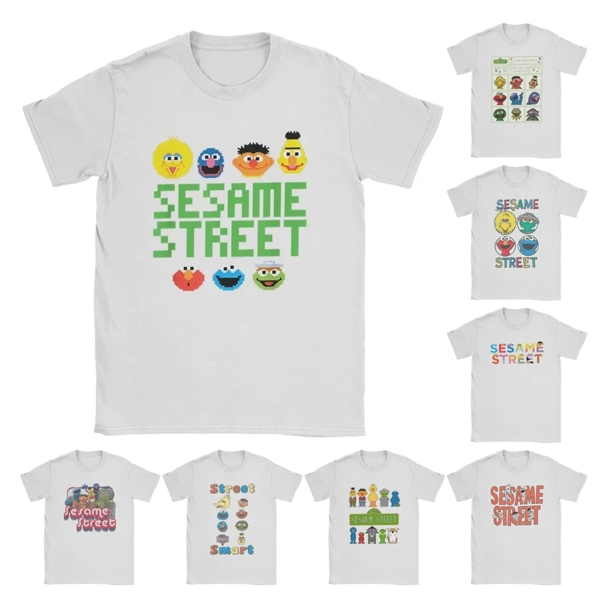 Men's T-Shirt Sesame Streets Pixel Group Fun Cotton Tee Short Sleeve 80s Cartoon T Shirt Crew Neck Clothing Big Size