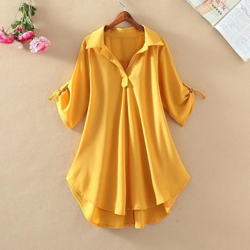 Medium to Long Short Sleeved Chiffon Shirt for Women's Summer New Style Loose Fit Waist Cinching Slimming Chiffon Top