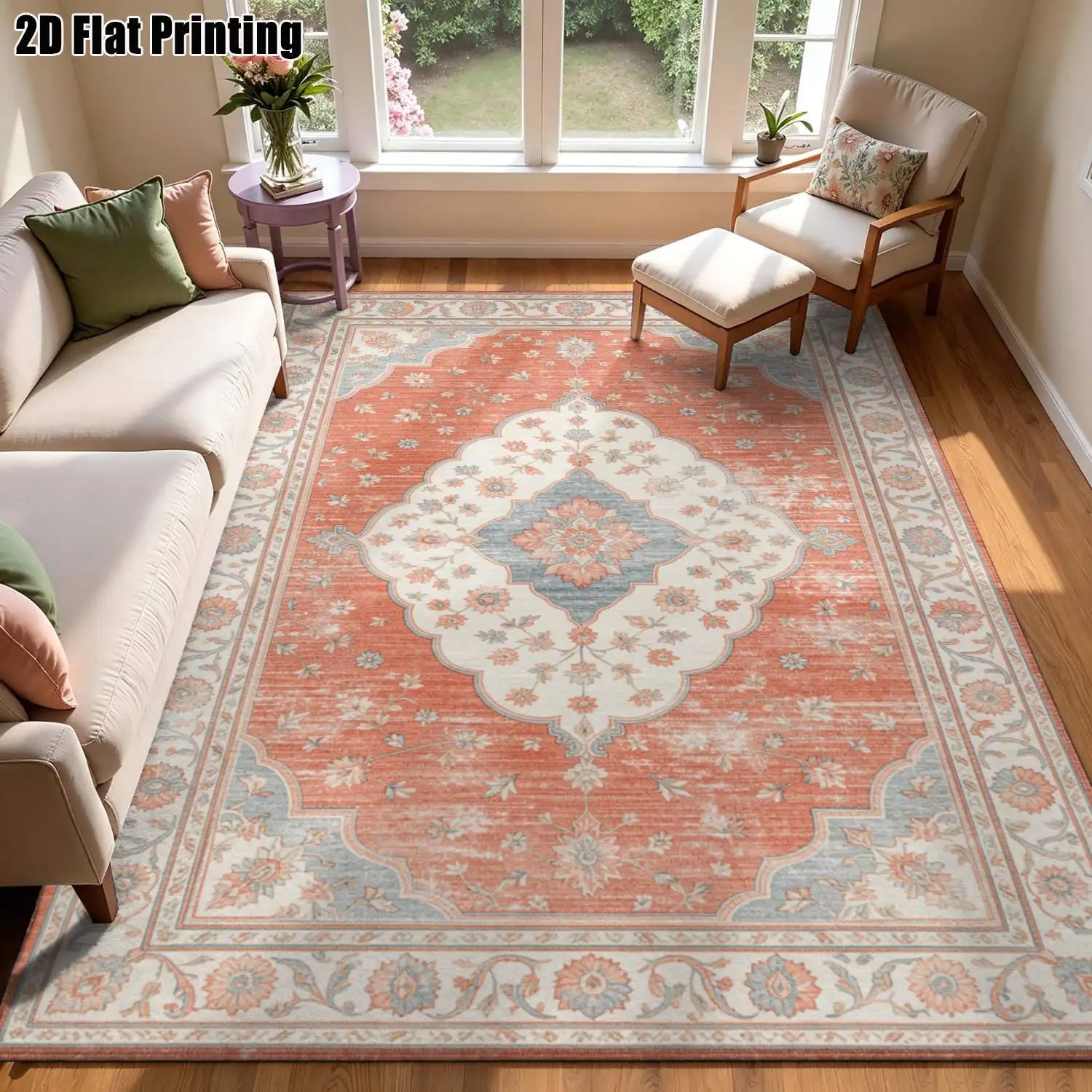 1Pc 2D Printed Retro Orange Pink Floral European Bohemian Geometric Carpets: Home Decor, Multi-Size, Machine Washable, for Entrance, Dining, Foyer, Bedroom, Living Room