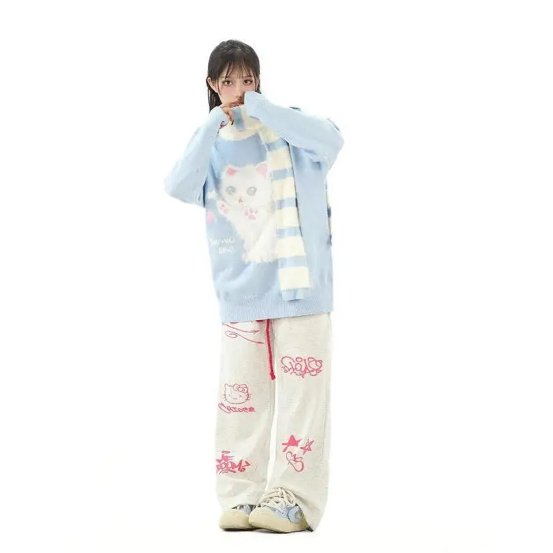 Sanrio девушка Hello Kitty прямые брюки хлопок каваи студенческая мода широкие брюки с героями мультфильмов осень зима повседневный отдых новый стиль