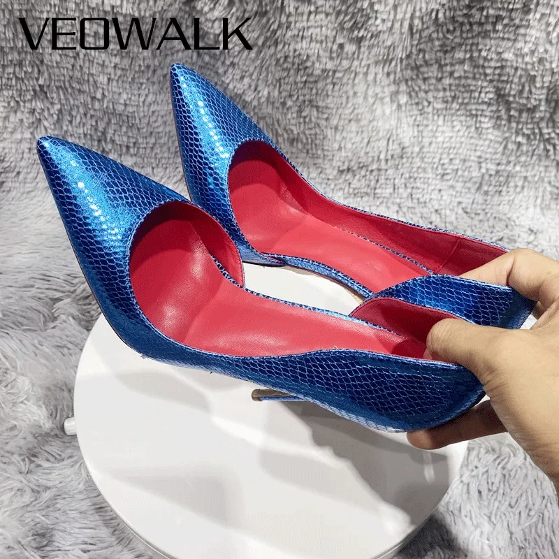 

Veowalk НОВЫЙ синий узор из змеиной кожи с острым носком, красная стелька, туфли-лодочки без шнуровки на очень высоком каблуке-шпильке для вечеринок и клубов