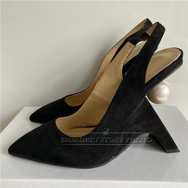 Novelty Pearl Decor Fretwork Heel Party Shoes Back Strap Pointed Toes Black Suede Strange Heels Spring Summer Women Pumps