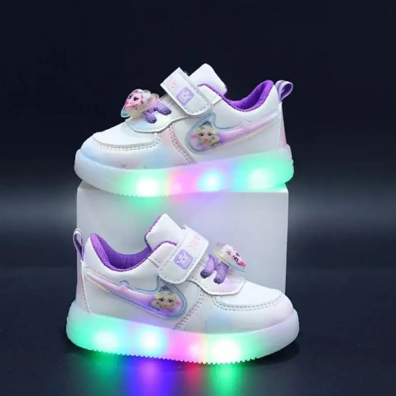 Boutique Fashion Girl\'s Casual Sneaker Elsa Princess Cute Children\'s Led Lighted Shoes Spring And Autumn Baby Girl Board Shoes