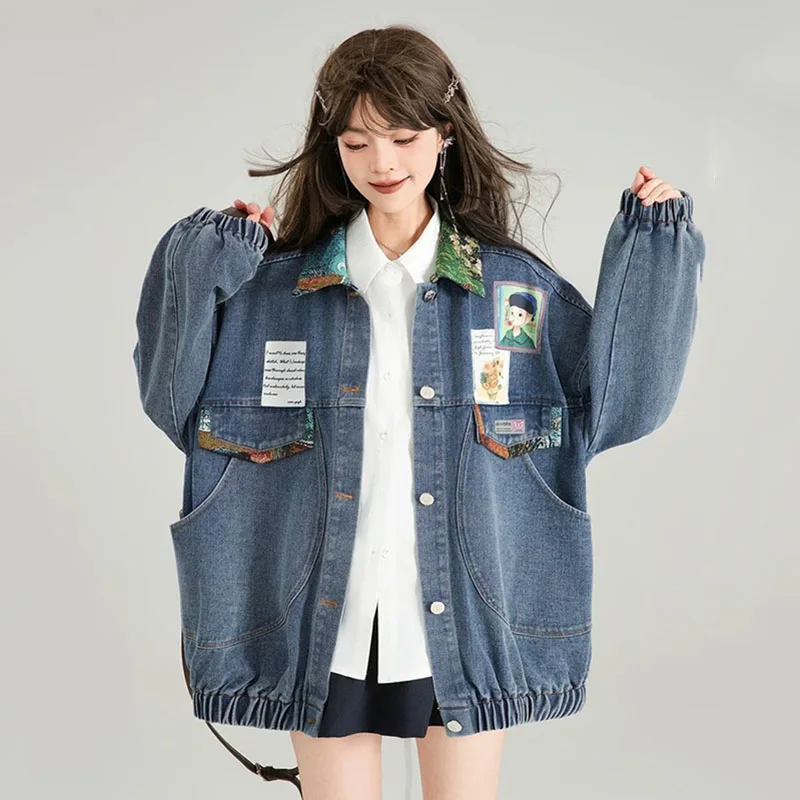 

Womens Cartoon Cat Jacket 2025 Woman Lantern Bubble Sleeve Jackets Female Denim Coats Fashion Brand Jeans Jacket