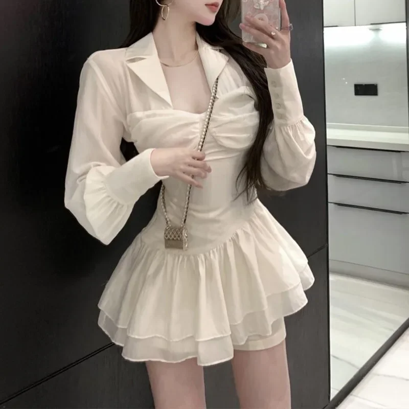 Sweety Spicy Long Sleeve Mini Dress Women's Spring Autumn Pure Desire White Collar Ruffles Fitted Waist Slimming Dress