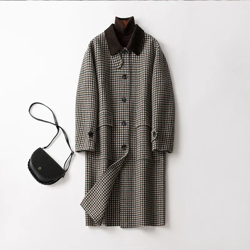 

AYUNSUE 80% Wool Jackets for Women 2023 Autumn Winter Fashion Plaid Long Coat Female Single-breasted Outerwears Ropa De Mujer