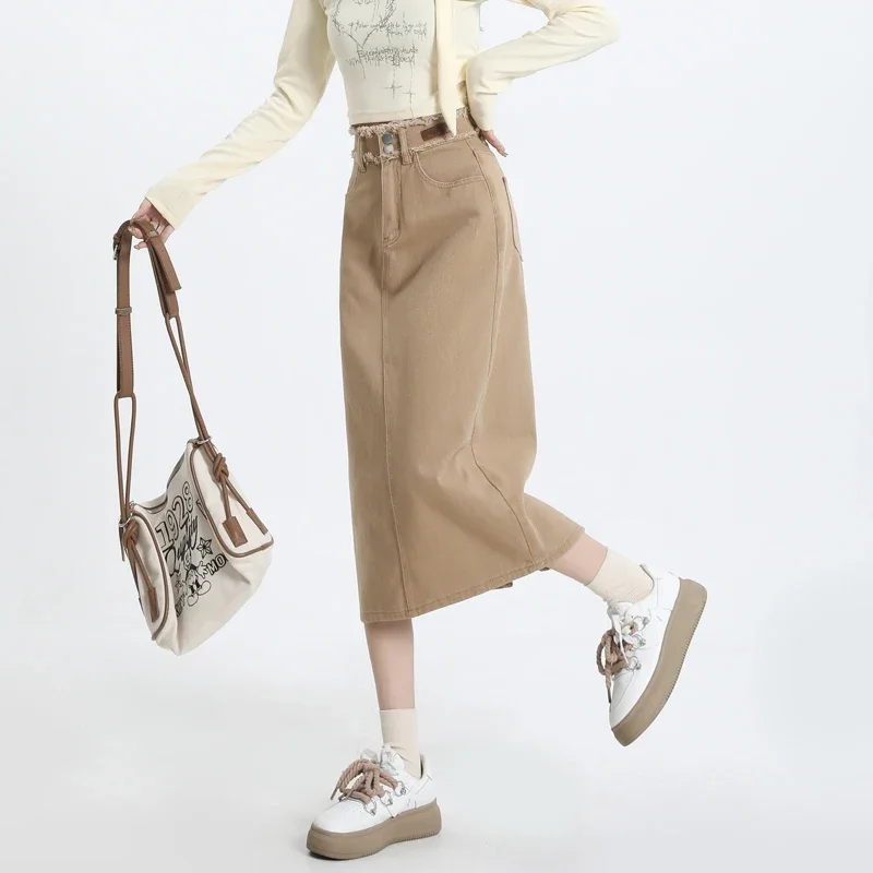 100% Cotton Women's Slim Denim Skirt Summer Casual A-line Hip-covering Long Skirts Female Clothing Pink Khaki Green