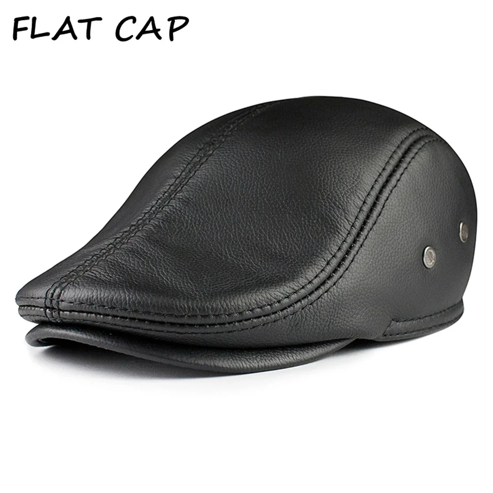 

FLAT CAP Genuine Leather Mens Beret Hats Real Leather Peaked Cap Brown Warm Autumn Winter Male Black Driver Ivy Hat Newsboy