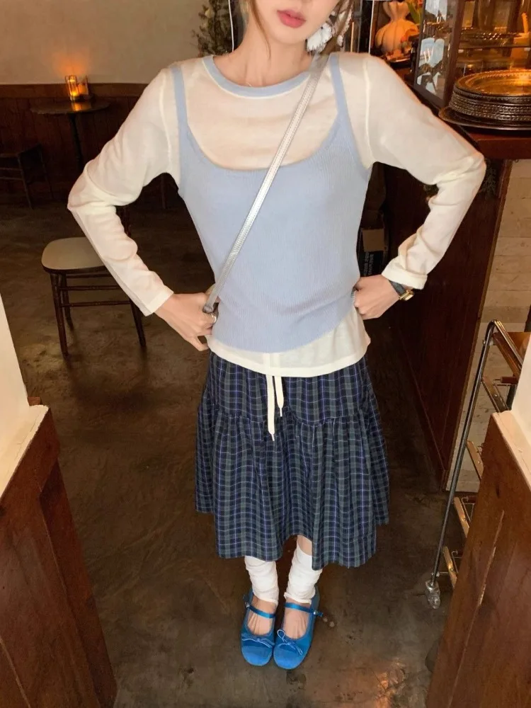 Retro Style Blue Green Y2k Plaid High Waist Skirt Women 2025 Summer New Beautiful A-line Skirt Korea Chic Design Causual Outfits