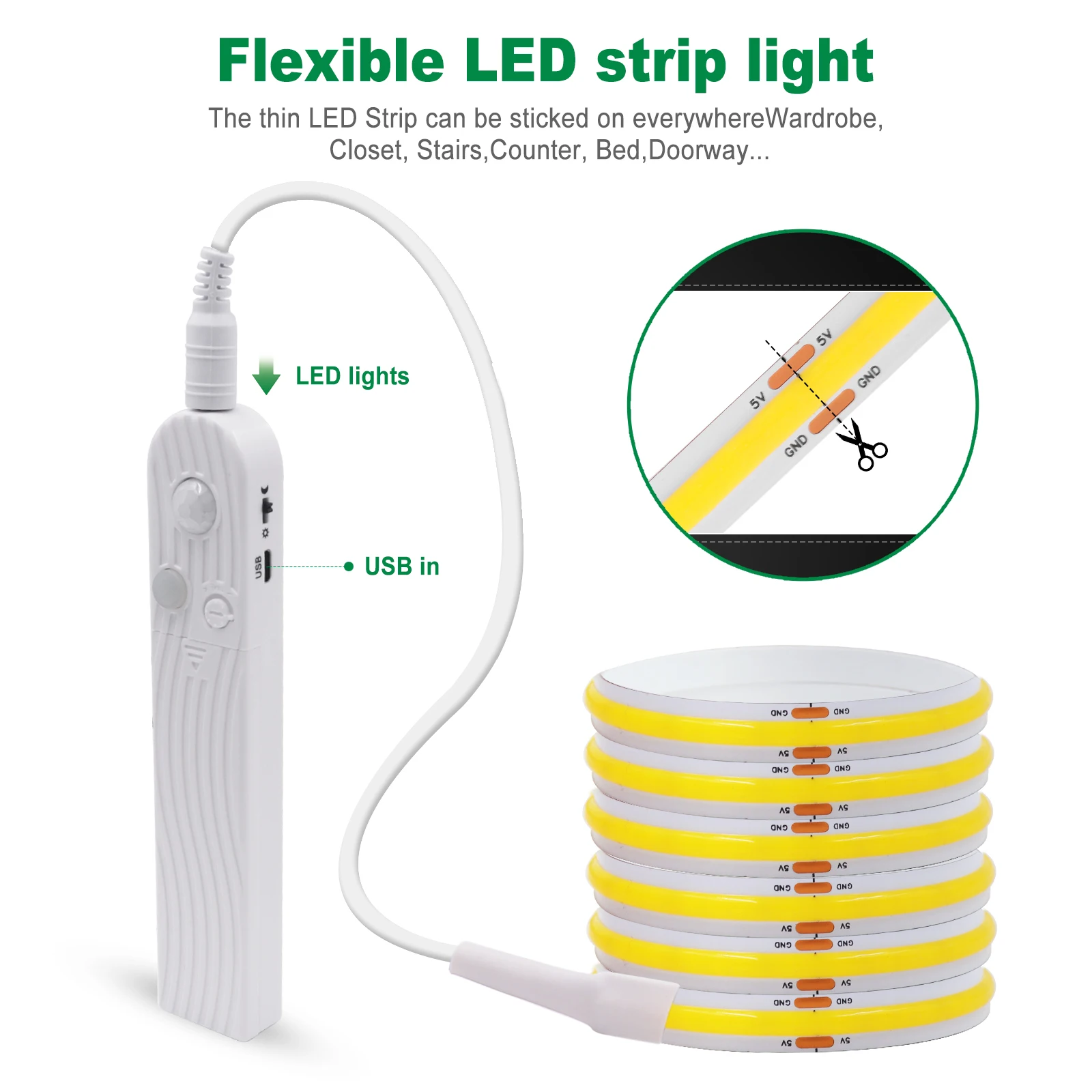 Taśma LED COB 8 mm 5 V z czujnikiem ruchu Indukcyjna taśma LED zasilana bateryjnie AAA Biała Czerwona Niebieska Zielona Żółta do schodów szafy