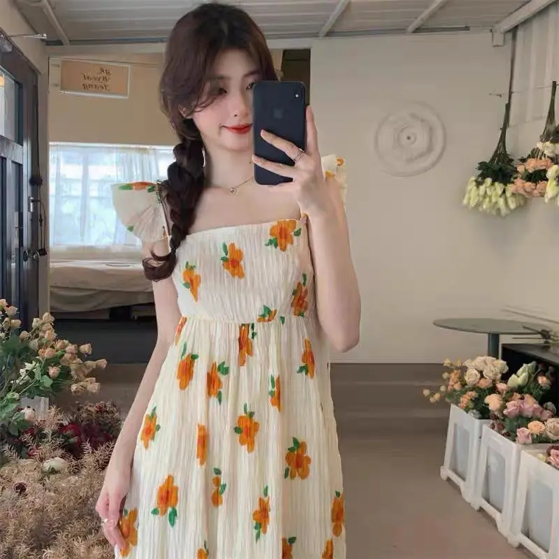 French Yellow Floral Suspender Dress Seaside Vacation Sanya Beach  to Ankle Long Skirt