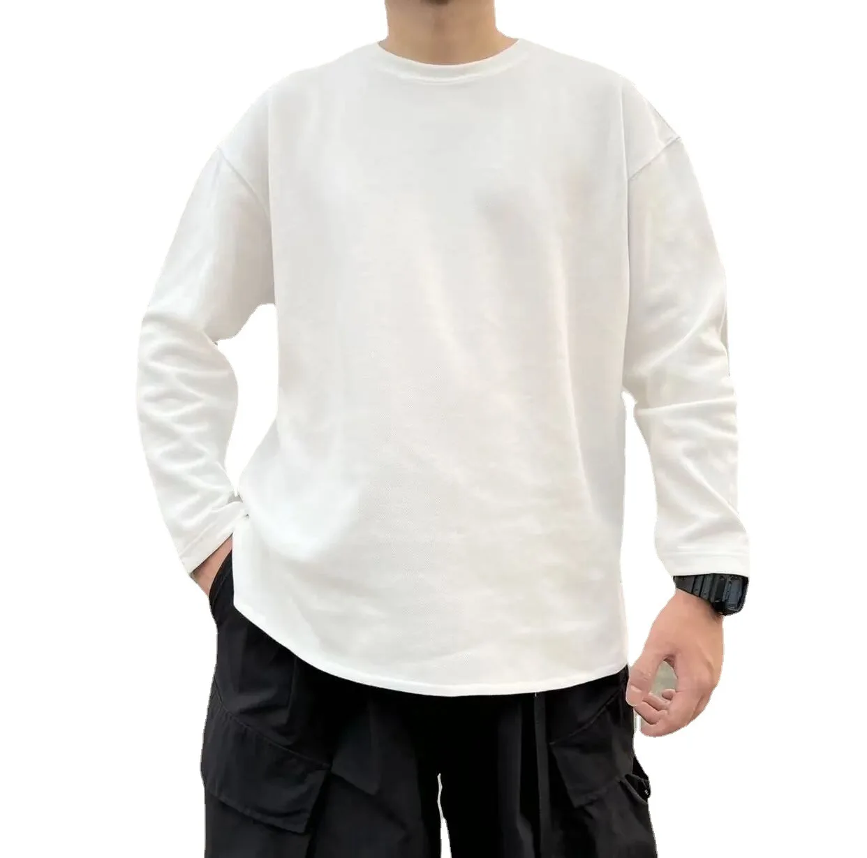 

8870 Winter Fall Fashion Men's Heavyweight Cotton Basic T-shirt Solid Color Long Sleeve O-neck Simple Casual Loose Bottoming Top