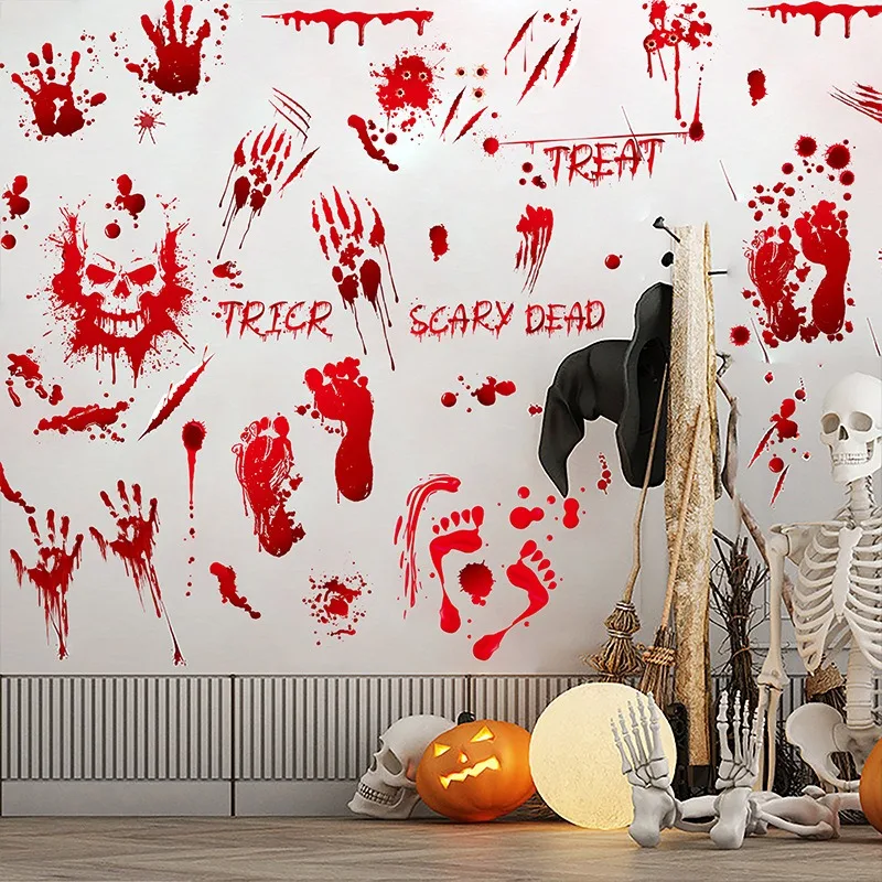 Halloween Blood Print Palm Skeleton Sticker Static Cling Glass Wall Window Decor Scary Party Decoration