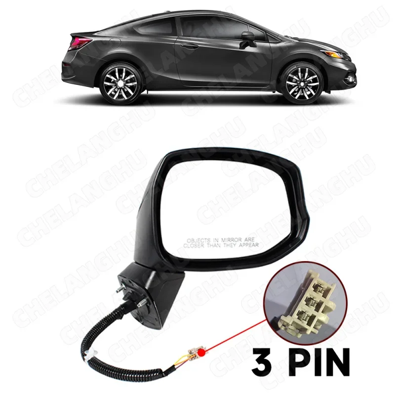 1Pc For Honda Civic 2012 2013 US Version Right Side Rear Mirror 3-Pin Power Adjust Satin Black Mirror Assembly