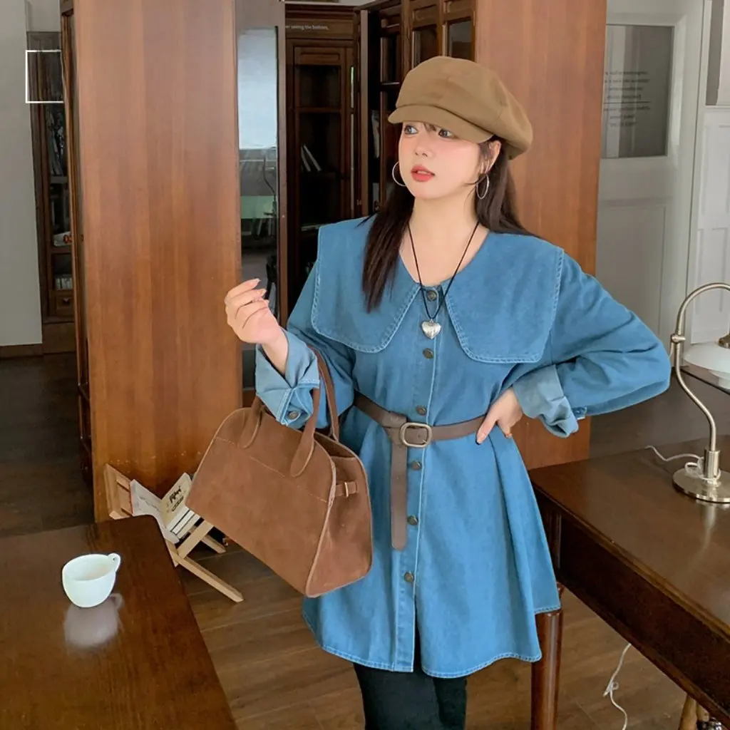 เสื้อเชิ้ตยีนส์ทรงเอวเข้ารูปสไตล์เกาหลีย้อนยุคสำหรับสาวอวบ ไซส์ใหญ่ รุ่น L177 คอลเลคชั่นฤดูใบไม้ร่วงของ Shuangtian ขายส่ง