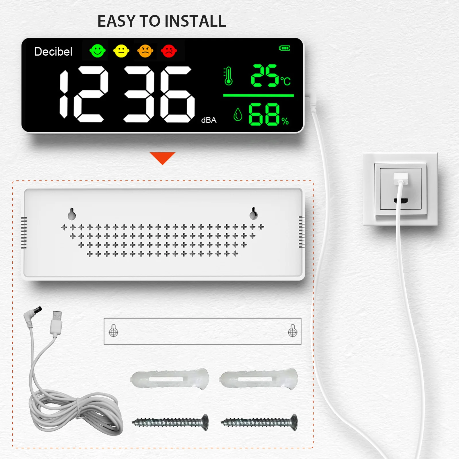 Imagem -05 - Medidor de Nível de Som de Decibel Display Led Grande de 11 Polegadas Medidor de Umidade e Temperatura de Ruído com Indicador de Ícones de Alarme Multifuncional