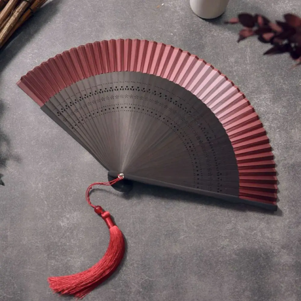 Hollow Carving Bamboo Folding Fan Gradient Color with Tassel Retro Hand Fan Portable Bamboo Frame Dance Fan Wedding Party