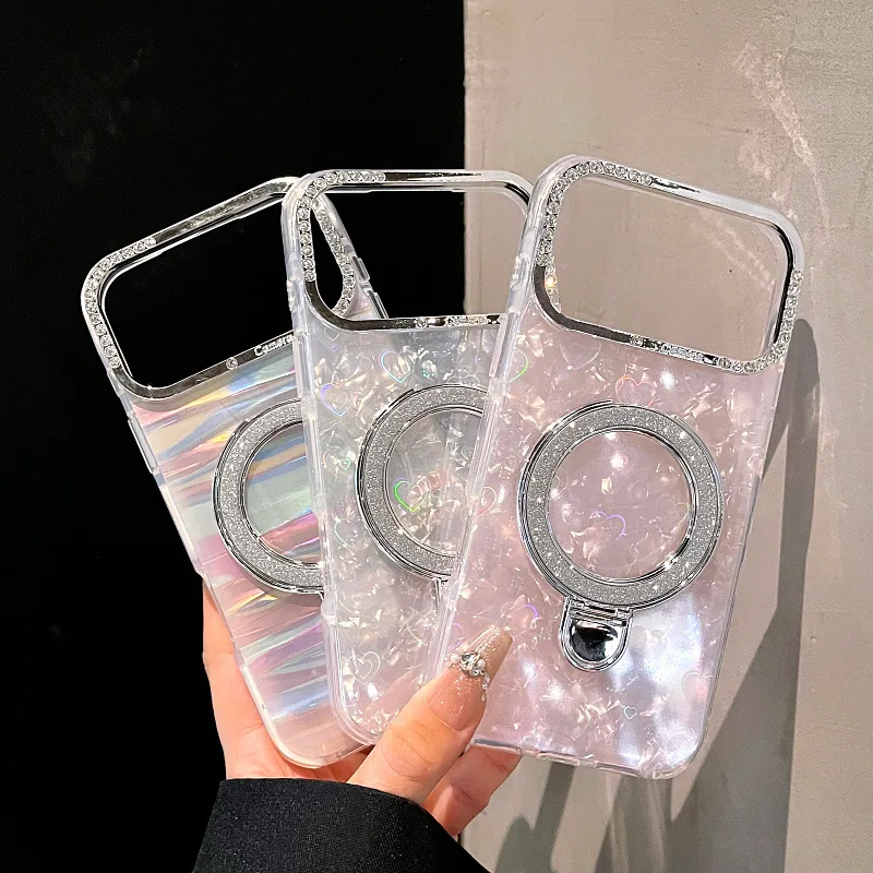 

Чехол для телефона для iPhone 17, 16, 15, 14, 13 Pro Max Plus, новый INS Rhinestone Laser Love Shell Pattern, магнитный кронштейн, защитный чехол