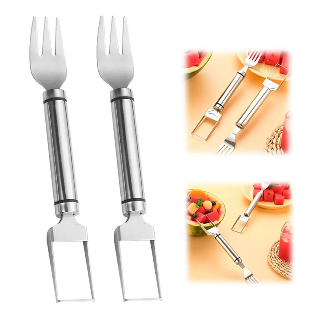 2 Pack 2 in 1 Stainless Steel Watermelon Slicer and Fork Cutter Tool for Home Party Camping Kitchen Gadget