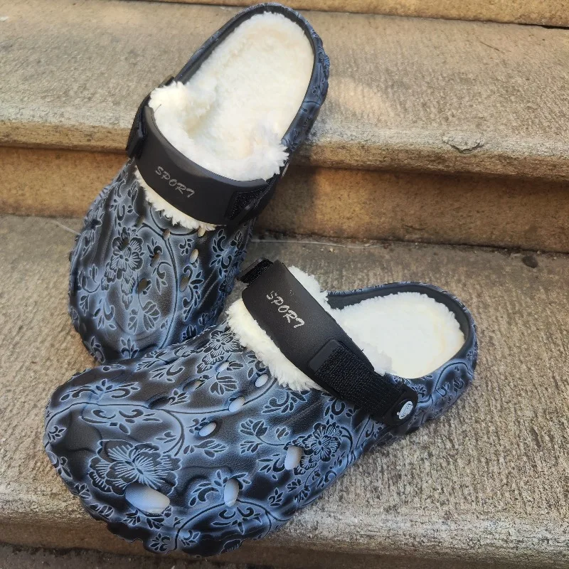 Winter indoor/outdoor warm and plush detachable men's slippers with holes