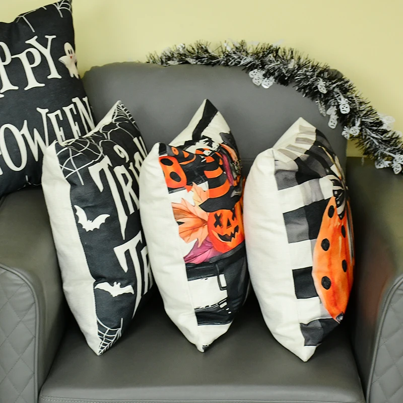 

4pcs Halloween Party Decorations Linen Pillowcase for Sofa Black Witch Pumpkin Head Ghost Print Throw Pillow Cover Home Decorate