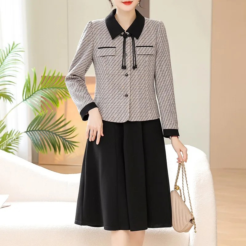 Spring and Autumn New Office Fragrant Breeze Suit Coat Long Sleeve Set Women's Slim Knee Length Skirt Two Piece Set