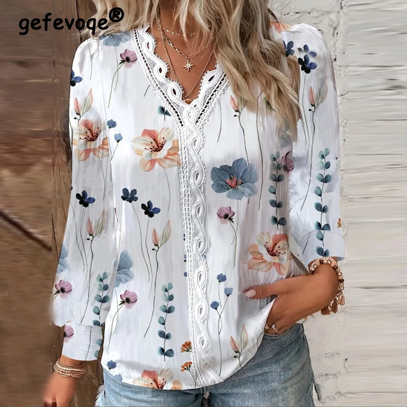 

New Women Flower Print Hollow Lace Patchwork Blouses V-neck Long Sleeve Elegant Shirts Spring Autumn Fashion Loose Pullover Tops