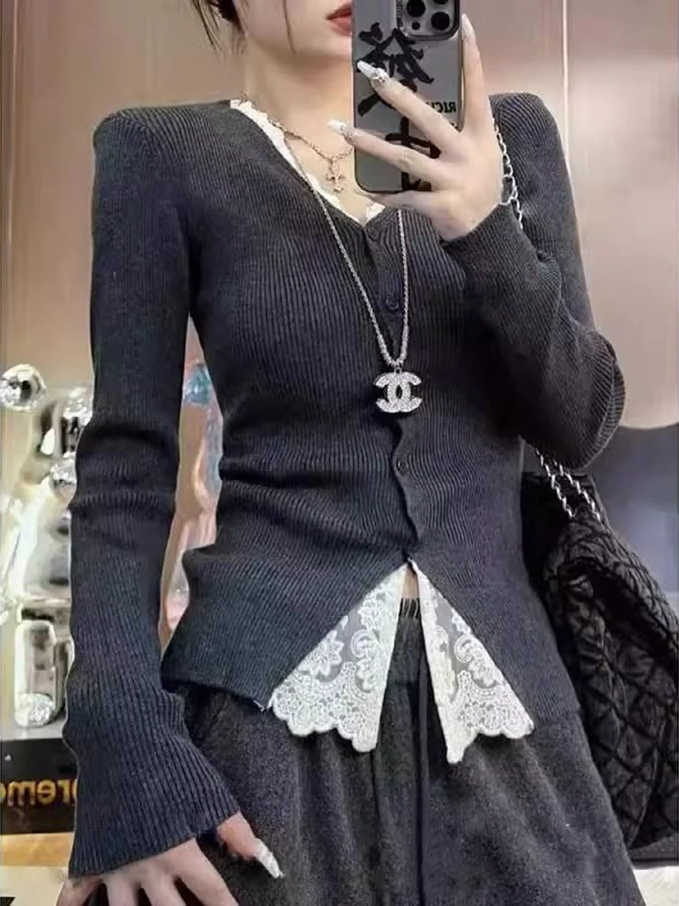 

Women Fake Two Piece Lace Trim V-nevk Knitted Sweater French Style Autumn Winter Elegant Slim Long Sleeve Cardigan Top