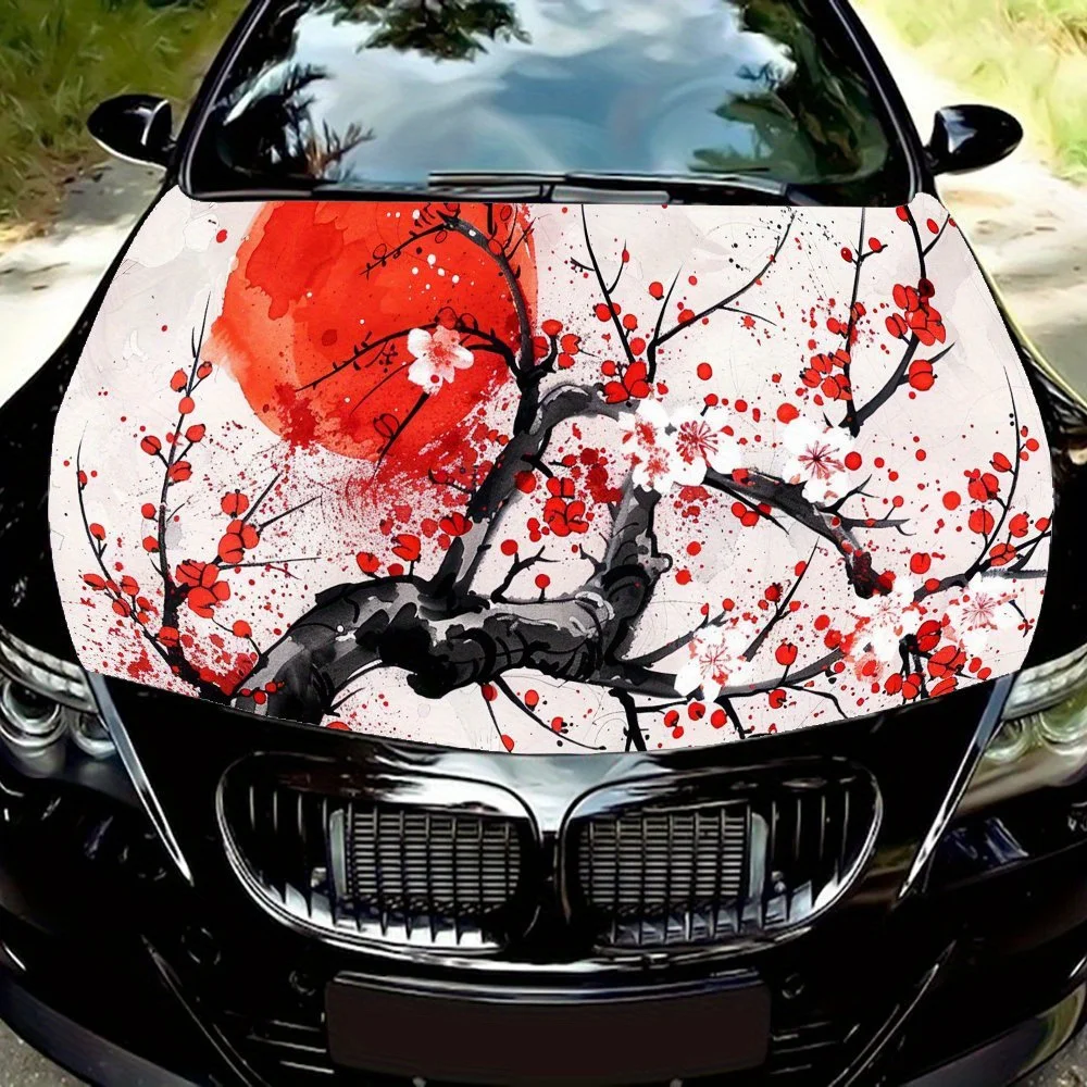 

Ink Style Sakura Red Sun Car Hood Vinyl Wraps Sticker, Car Engine Decal, Waterproof Self-adhesive Car Packaging Cover, Universal